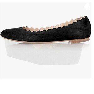 FSJ Black Cute Dress Pump Scalloping Round Toe Suede Ballet Flats for Comfort